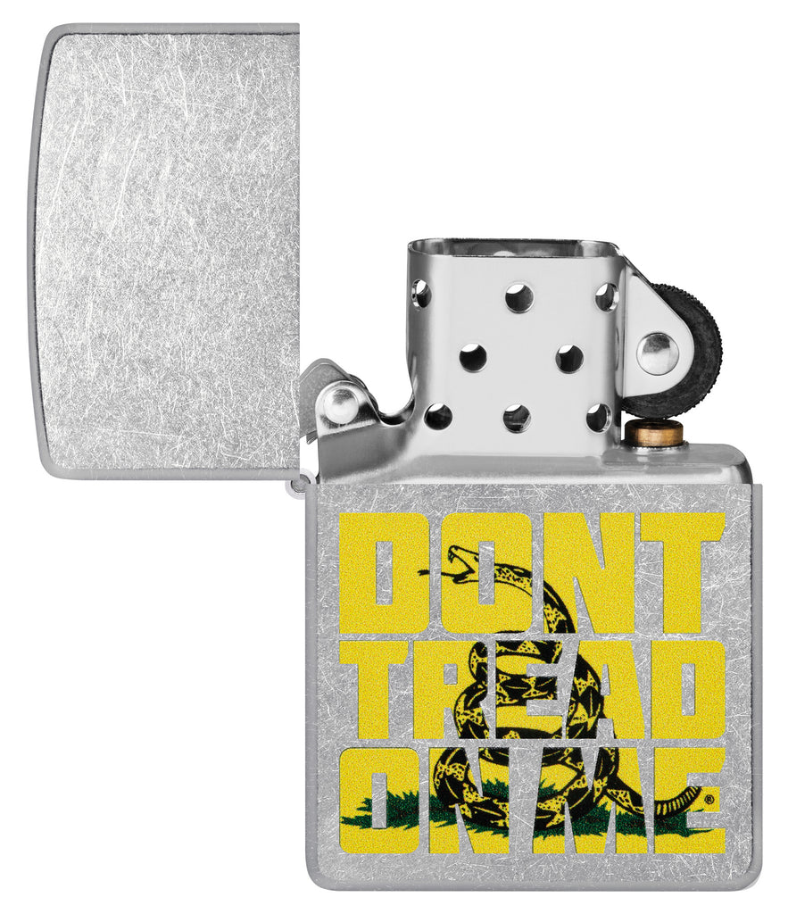 Zippo Don’t Tread on Me Street Chrome Windproof Lighter with its lid open and unlit.