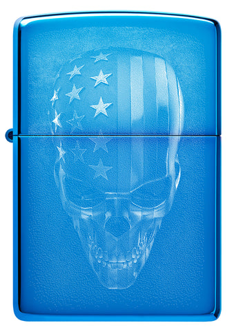 Front shot of Zippo American Skull Design High Polish Blue Windproof Lighter.