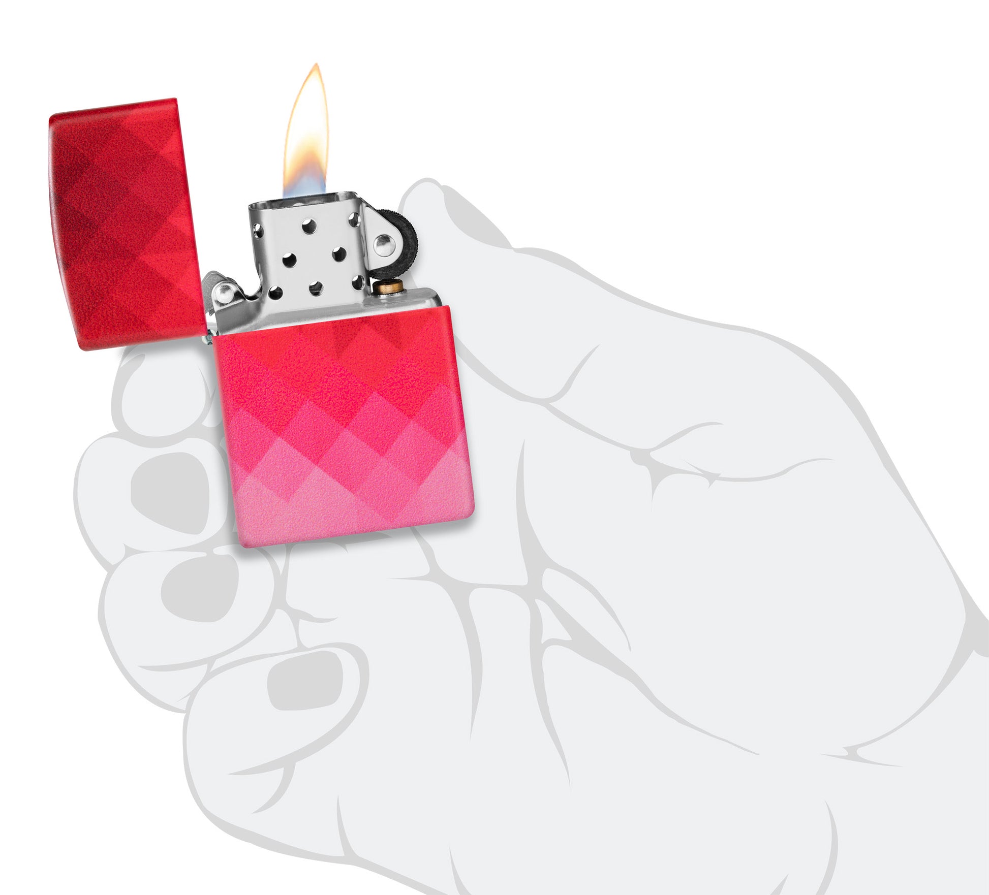 Zippo Ombre Pixel Design 540 Matte Windproof Lighter lit in hand.