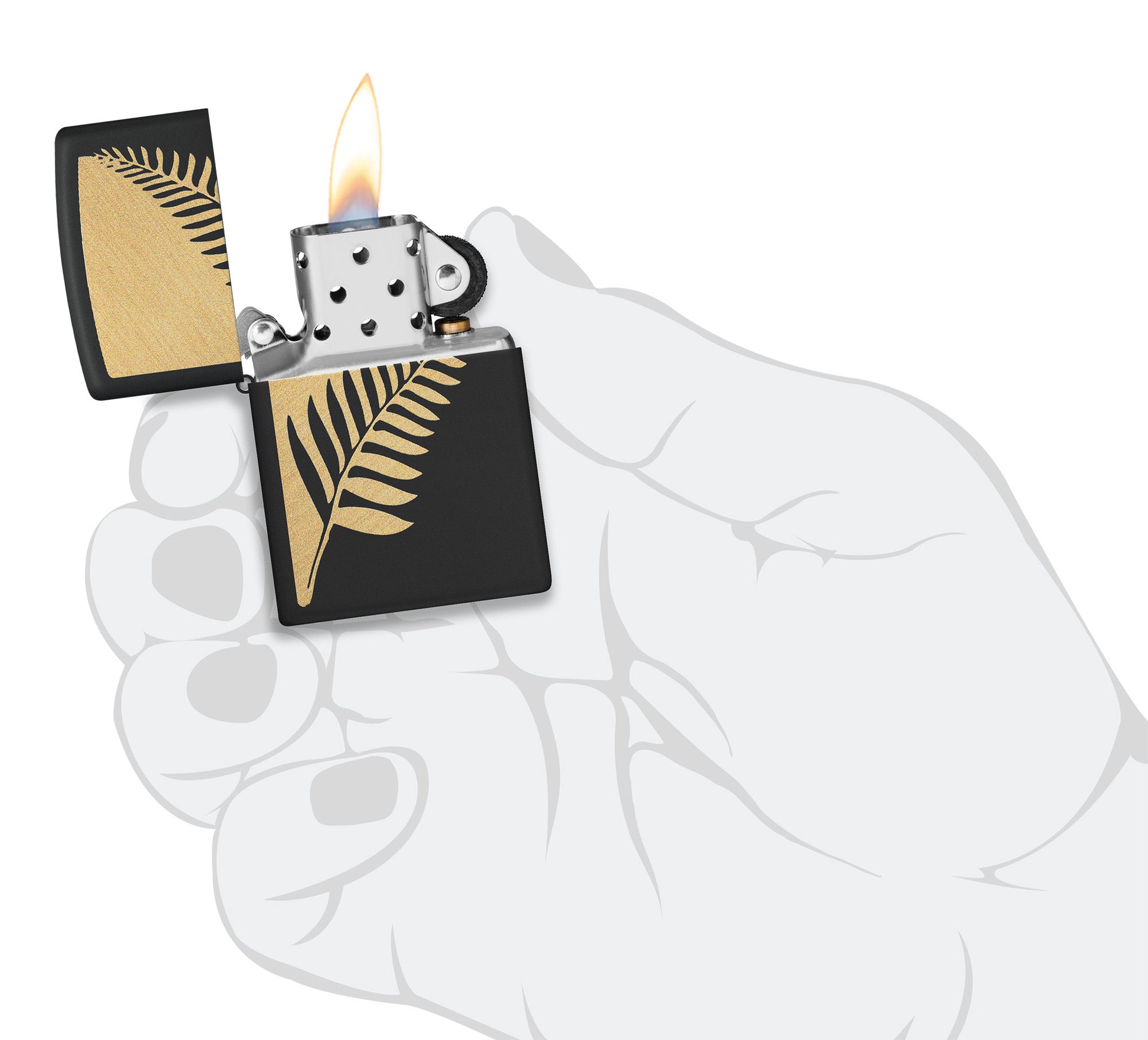 Zippo Zen Flora Design Black Matte Windproof Lighter lit in hand.
