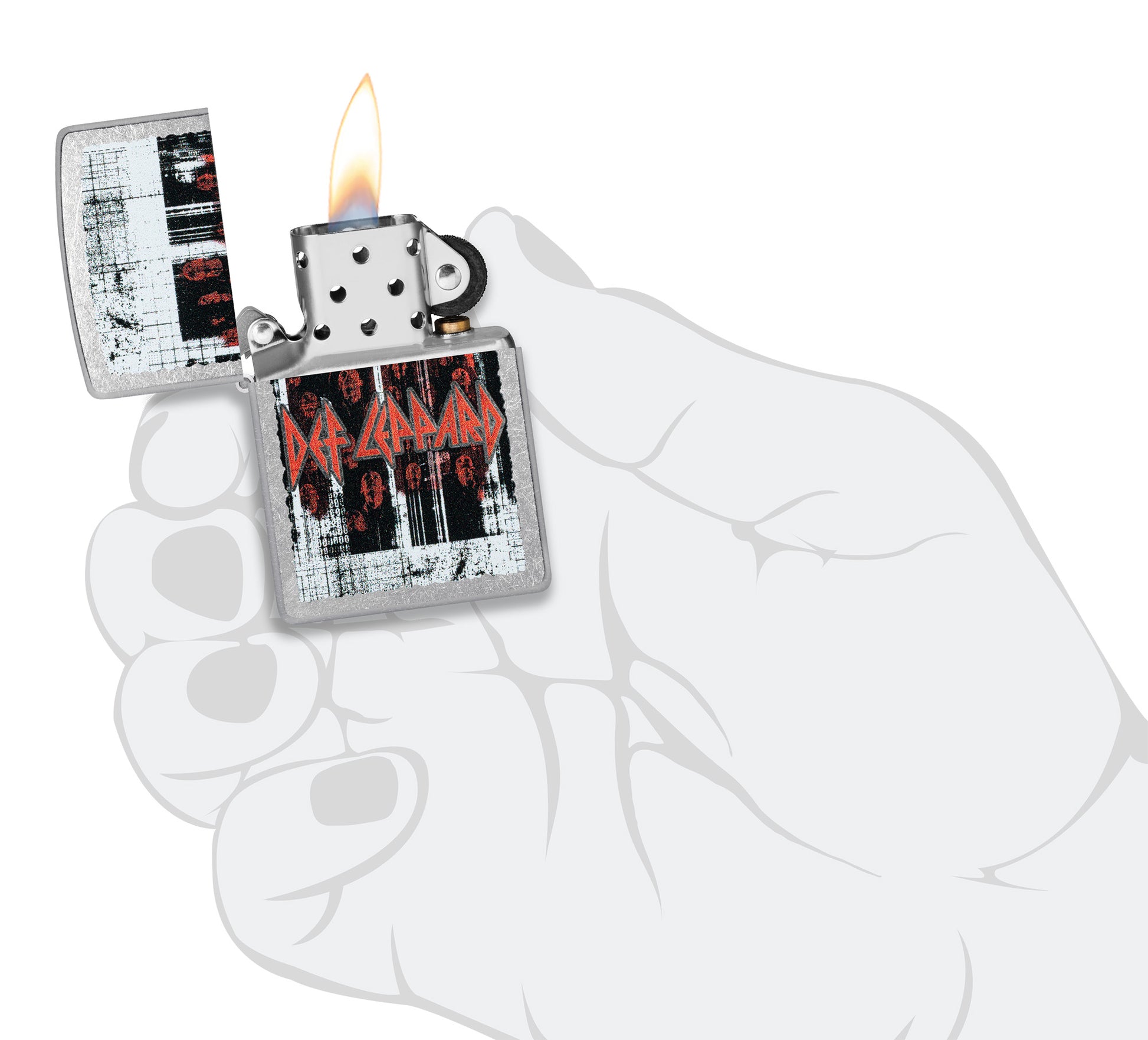 Zippo Def Leppard Logo Design Street Chrome Windproof Lighter lit in hand.
