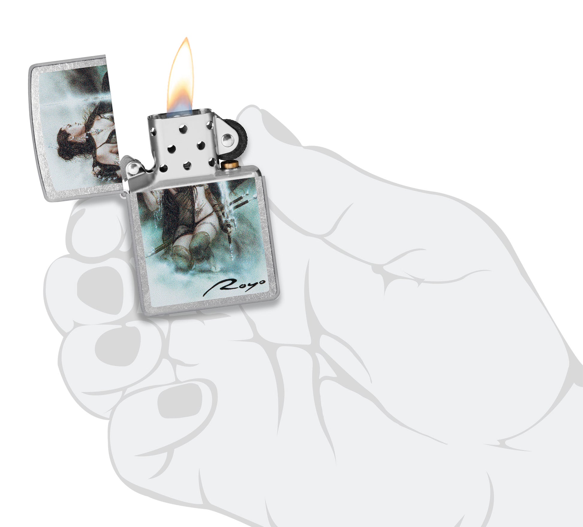 Zippo Luis Royo Street Chrome Windproof Lighter lit in hand.