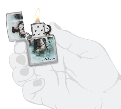 Zippo Luis Royo Street Chrome Windproof Lighter lit in hand.
