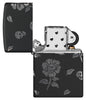 Zippo Flower Skulls Design Black Matte with Chrome Windproof Lighter with its lid open and unlit.