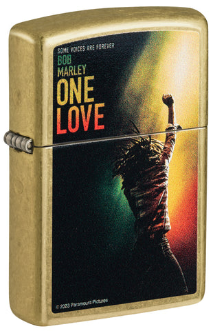 Front shot of Zippo Bob Marley One Love Street Brass Windproof Lighter standing at a 3/4 angle.