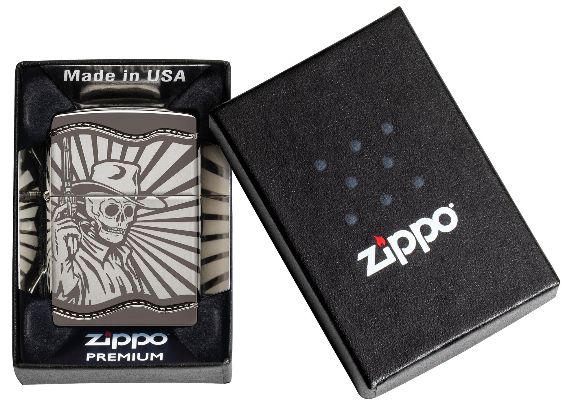 Zippo Skeleton Cowboy Design ArmorÂ® Black Ice Windproof Lighter in its packaging.