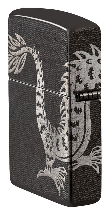 Angled shot of Zippo Lucky Dragon Design High Polish Black Windproof Lighter showing the back and hinge side of the lighter.