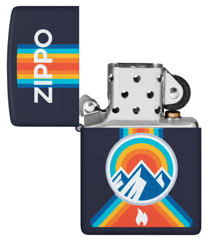 Zippo Logo Mountain Outdoor Logo Navy Matte Windproof Lighter with its lid open and unlit.