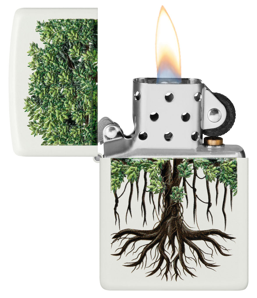 Zippo Tree Life Design White Matte Windproof Lighter with its lid open and lit.