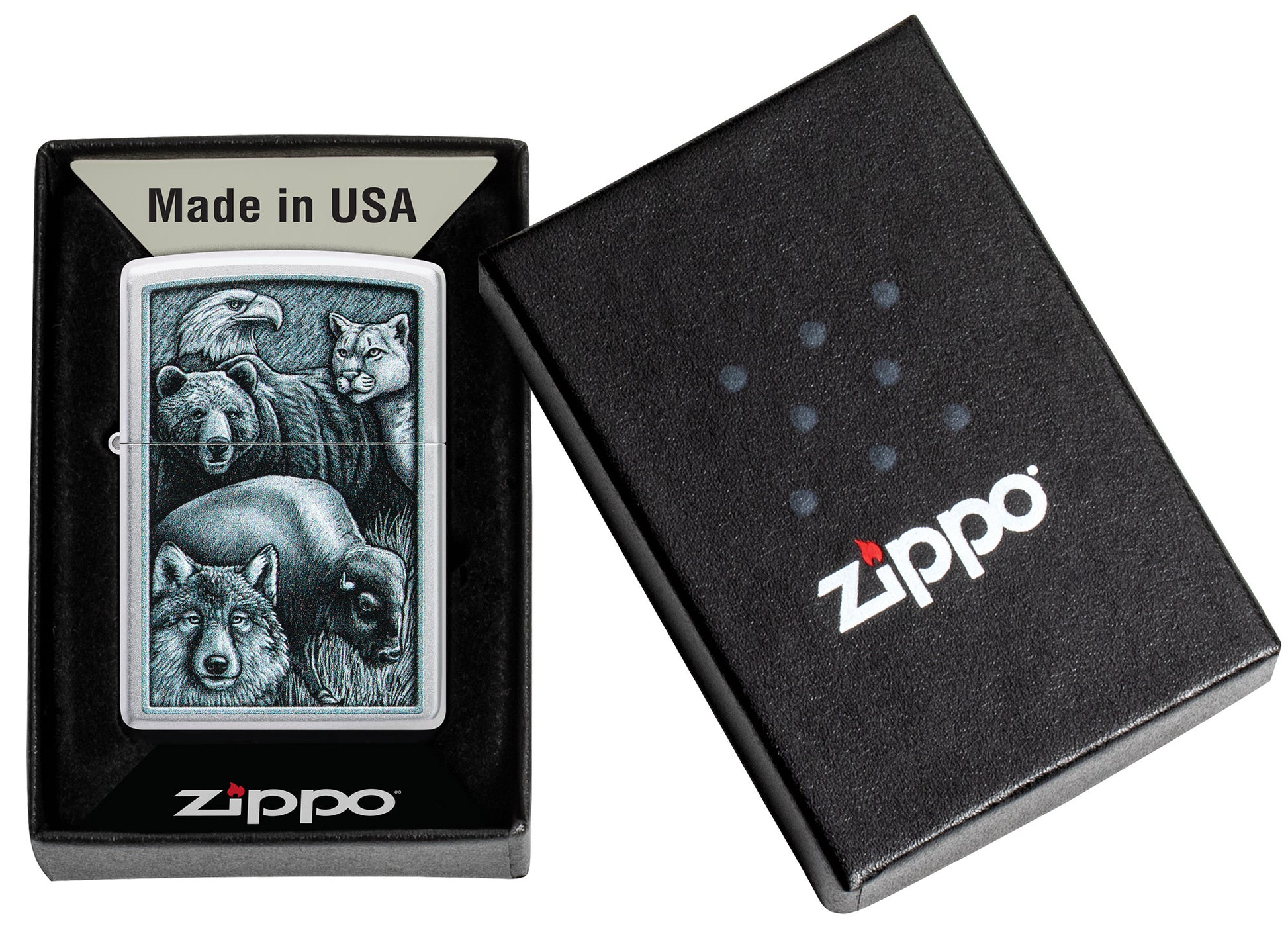 Zippo Animal Kingdom Design Satin Chrome Windproof Lighter in its packaging.
