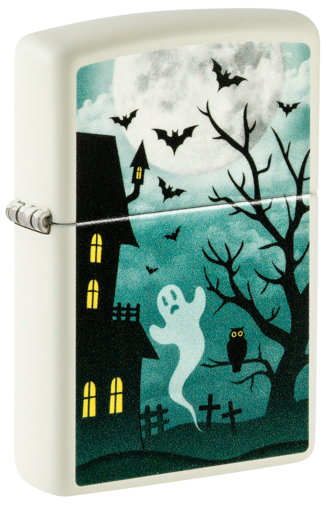 Front shot of Zippo Spooky Design Glow in the Dark Green Windproof Lighter standing at a 3/4 angle.