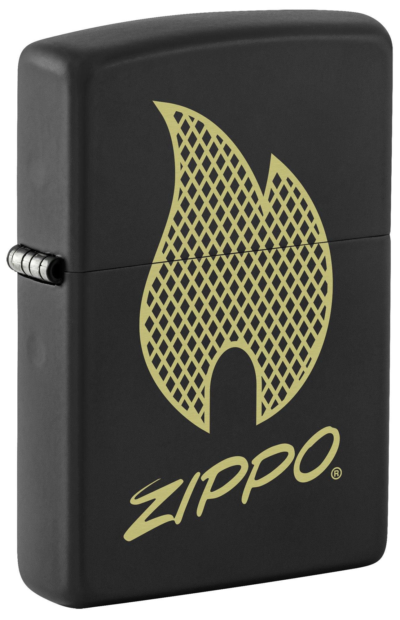 Front shot of Zippo Script Logo Design Windproof Lighter standing at a 3/4 angle.