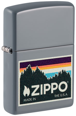 Front shot of Outdoor Zippo Logo Design Flat Grey Windproof Lighter standing at a 3/4 angle.