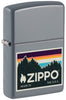 Front shot of Outdoor Zippo Logo Design Flat Grey Windproof Lighter standing at a 3/4 angle.
