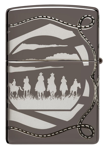 Back shot of Zippo Skeleton Cowboy Design ArmorÂ® Black Ice Windproof Lighter.