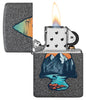 Zippo Mountain Design Iron Stone Windproof Lighter with its lid open and lit.