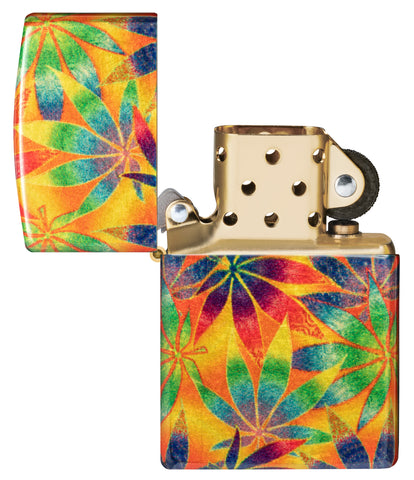 Zippo Cannabis Design 540 Tumbled Brass Windproof Lighter with its lid open and unlit.
