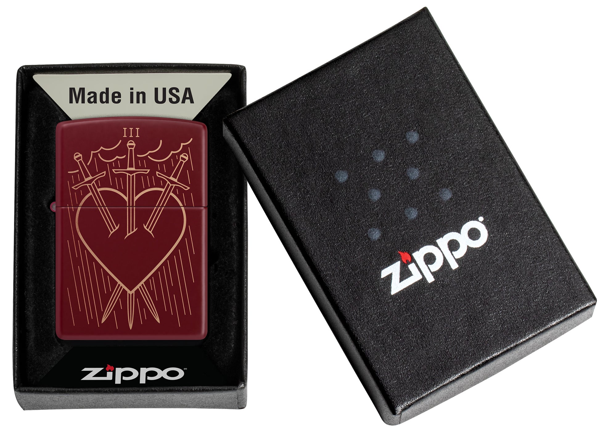 Zippo Three of Swords Design Merlot Windproof Lighter in its packaging.