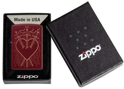 Zippo Three of Swords Design Merlot Windproof Lighter in its packaging.