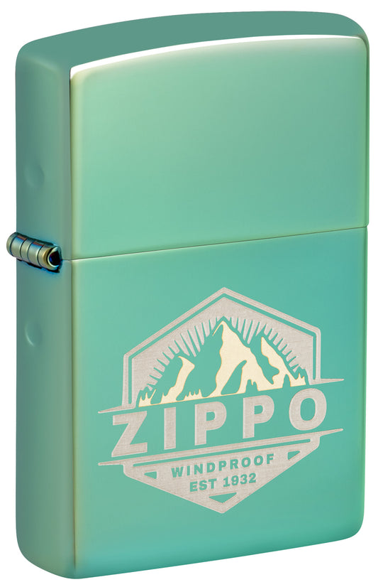 Front shot of Zippo Badge Design High Polish Green Windproof Lighter standing at a 3/4 angle.