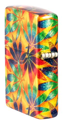 Angled shot of Zippo Cannabis Design 540 Tumbled Brass Windproof Lighter showing the back and hinge side of the lighter.