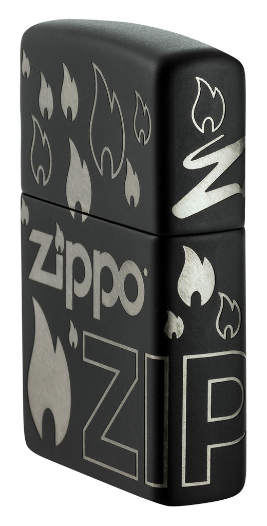 Angled shot of Zippo Design Black Matte with Chrome Windproof Lighter showing the front and right side of the lighter.