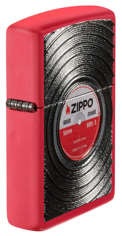 Angled shot of Vinyl Record Texture Print Red Matte Windproof Lighter showing the texture printed design.