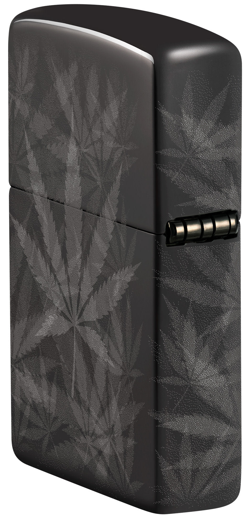 Angled shot of Zippo Cannabis Design High Polish Black Windproof Lighter showing the back and hinge side of the lighter.