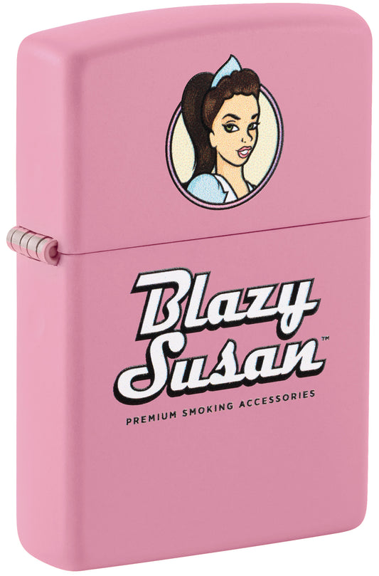 Front shot of Zippo Blazy Susan™ Pink Logo Design Pink Matte Windproof Lighter standing at a 3/4 angle.