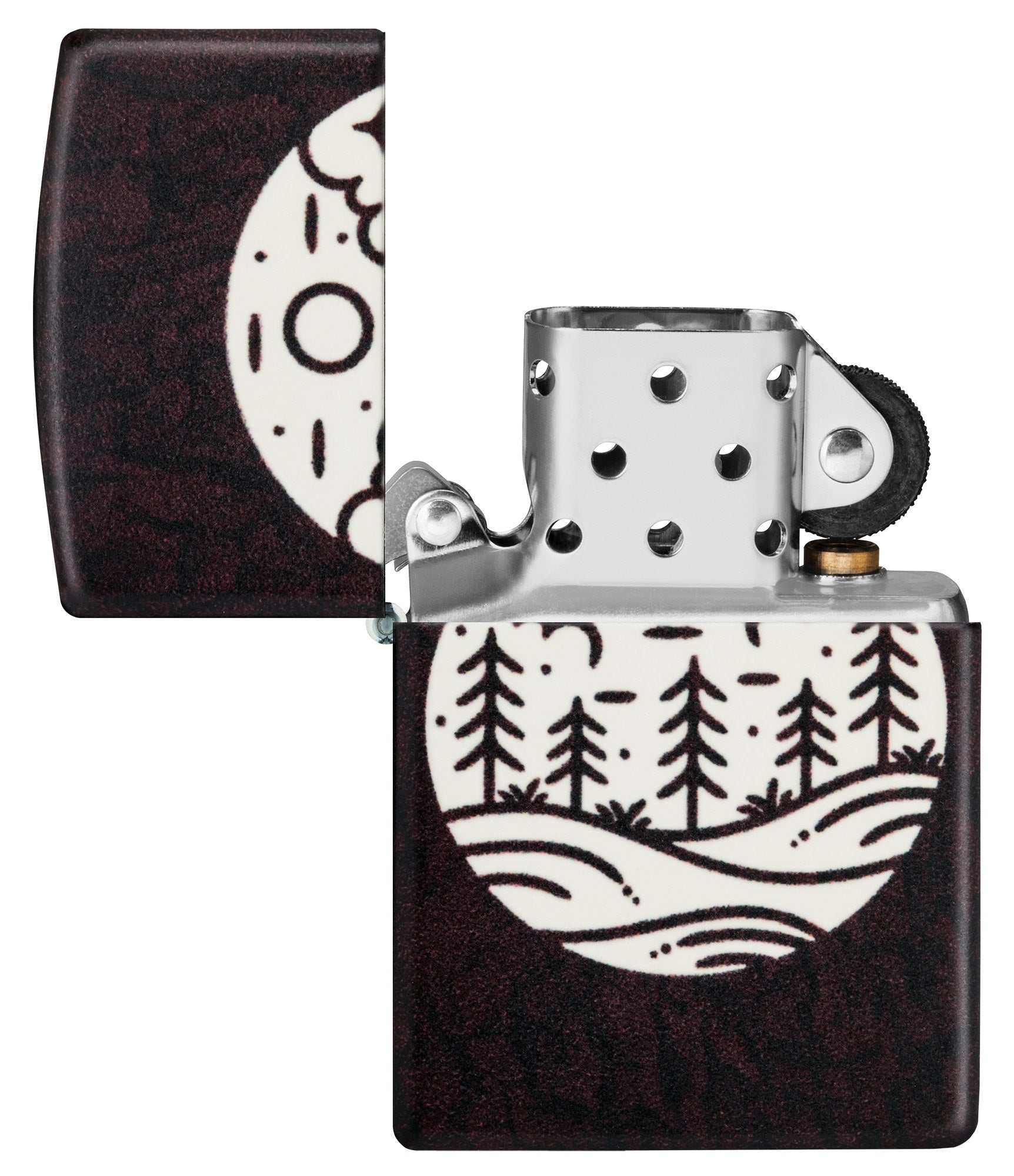Zippo Moonlit Field Design 540 Color Glow in the Dark Windproof Lighter with its lid open and unlit.