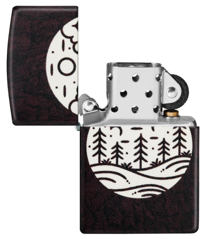 Zippo Moonlit Field Design 540 Color Glow in the Dark Windproof Lighter with its lid open and unlit.