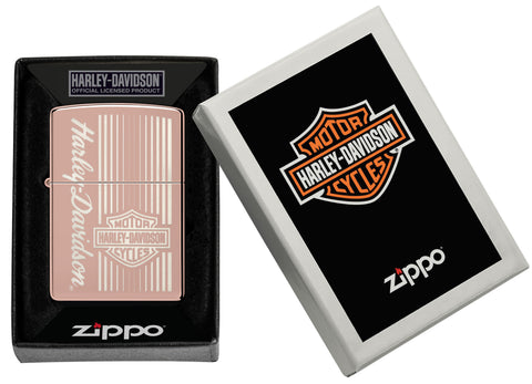 Zippo Harley-Davidson® High Polish Rose Gold Windproof Lighter in its packaging.