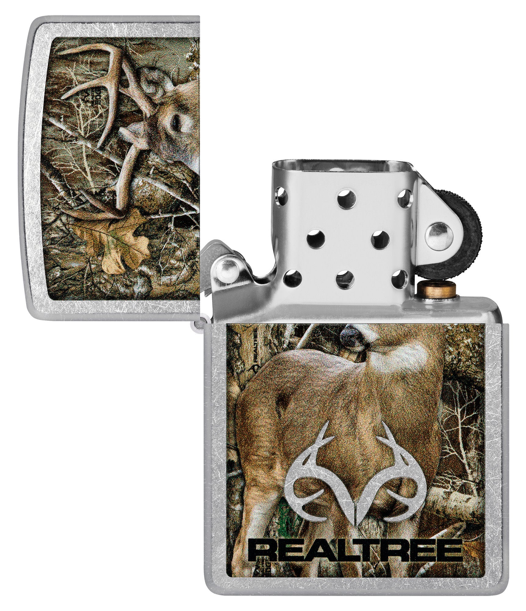 Zippo RealtreeÂ® Buck Design Street Chrome Windproof Lighter with its lid open and unlit.