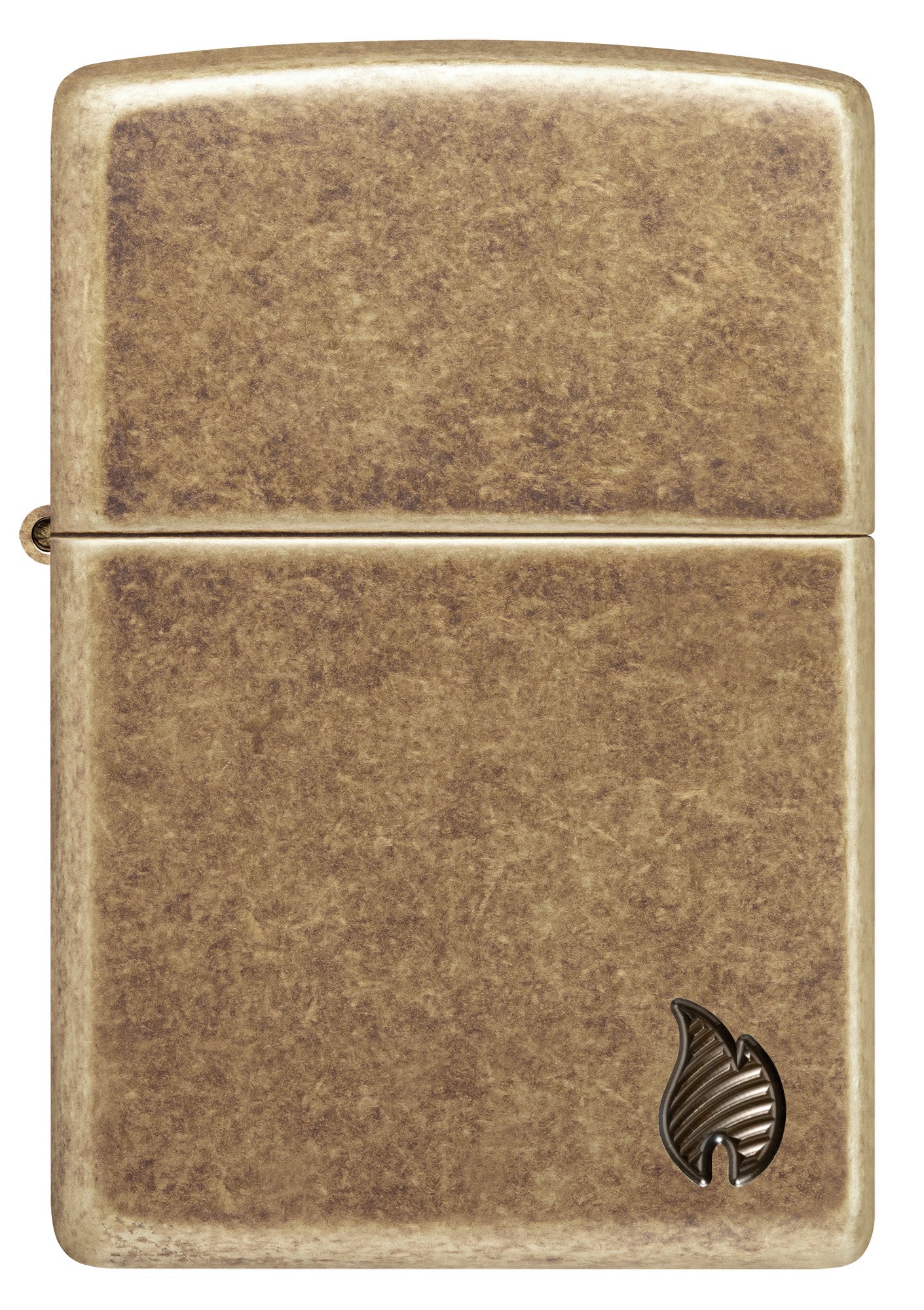 Front view of Zippo ArmorÂ® Series Flame Antique Brass Windproof Lighter.