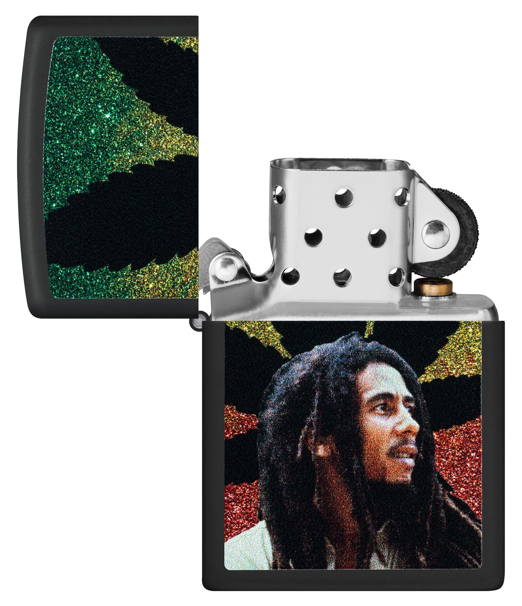 Zippo Bob Marley Cannabis Design Black Matte Windproof Lighter with its lid open and unlit.