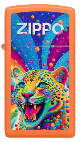 Front view of Zippo Leopard Design Slim Orange Matte Windproof Lighter.