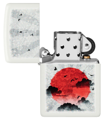 Zippo Red Moon Design White Matte Windproof Lighter with its lid open and unlit.