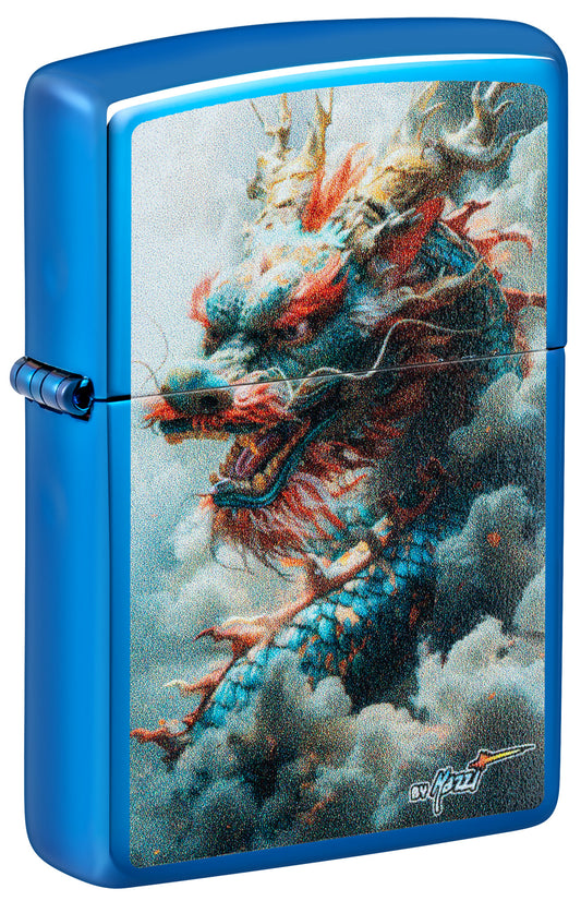 Front shot of Zippo MazziÂ® Dragon Design High Polish Blue Windproof Lighter standing at a 3/4 angle.