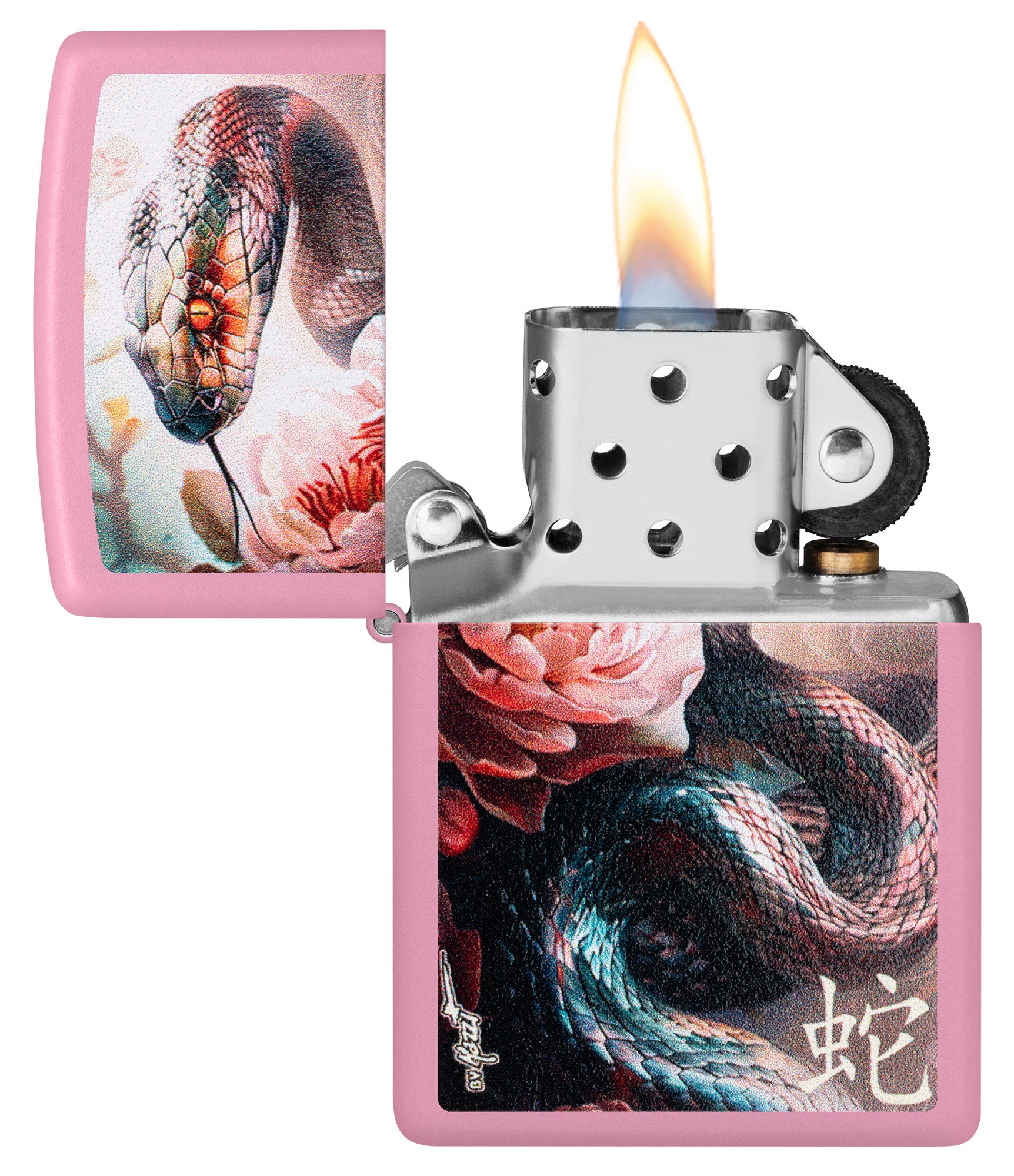Zippo MazziÂ® Snake and Flower Design Pink Matte Windproof Lighter with its lid open and lit.