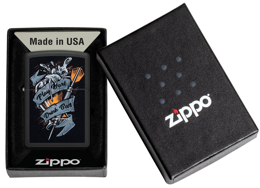 Zippo Darts Design Black Matte Windproof Lighter in its packaging.