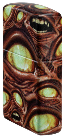 Extreme angle of Zippo Glow in the Dark Zombie Eye Windproof Lighter showing the front and right side of the lighter.