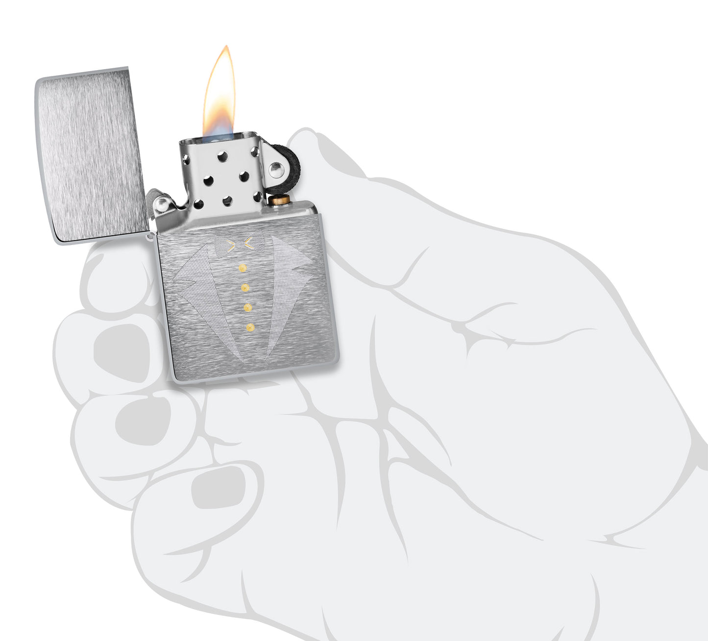 Gold Tux & Bowtie Design Windproof Lighter lit in hand