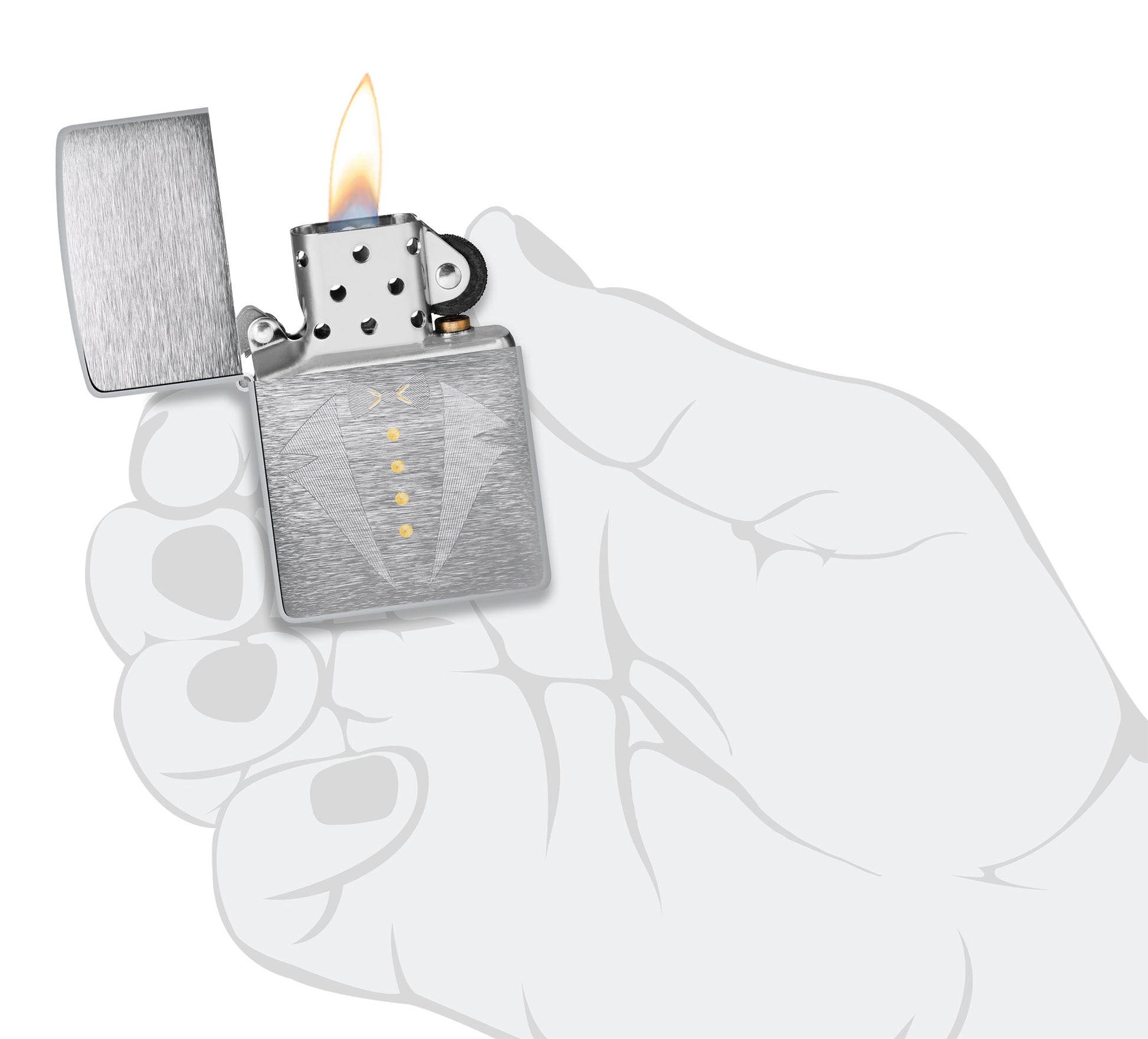 Gold Tux & Bowtie Design Windproof Lighter lit in hand