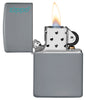 Classic Flat Grey Zippo Logo Windproof Lighter with its lid open and lit