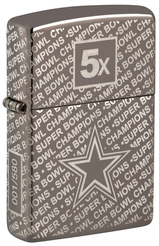 Front shot of Zippo NFL Dallas Cowboys Super Bowl Commemorative Armor Black Ice Windproof Lighter standing at a 3/4 angle.