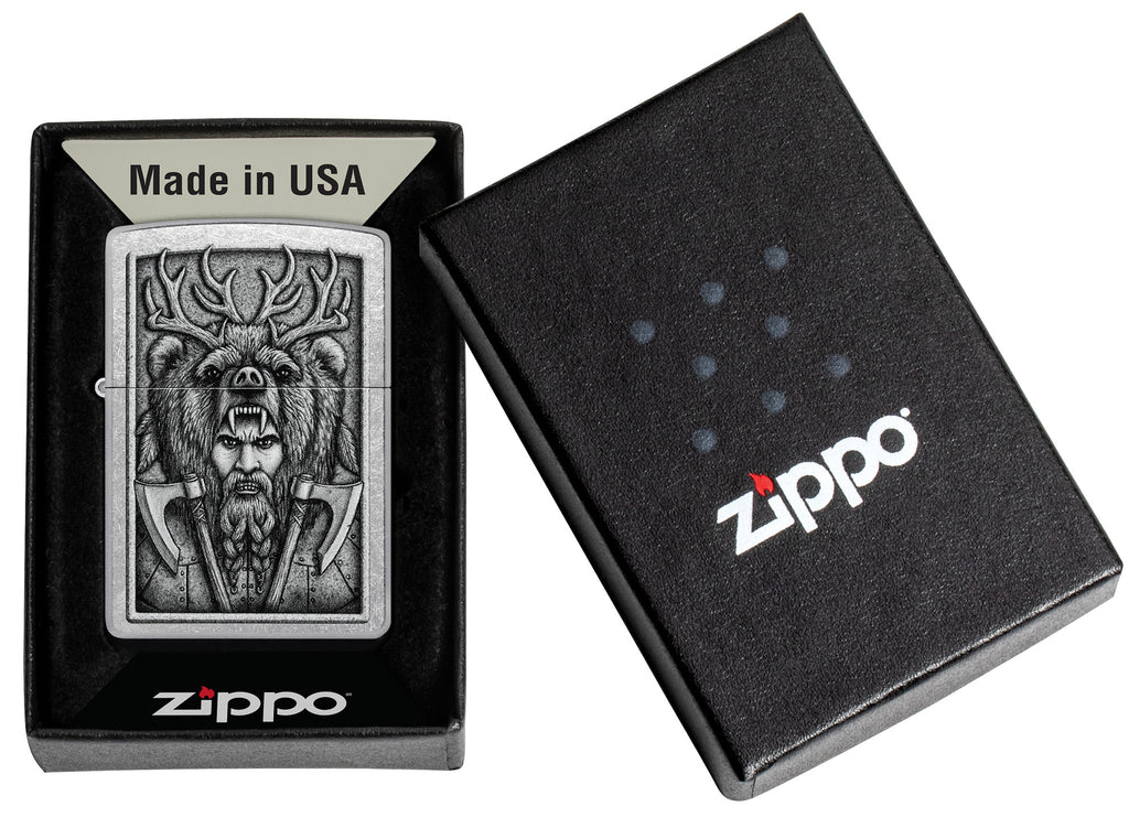 Zippo Barbarian Design Street Chrome Windproof Lighter in its packaging.