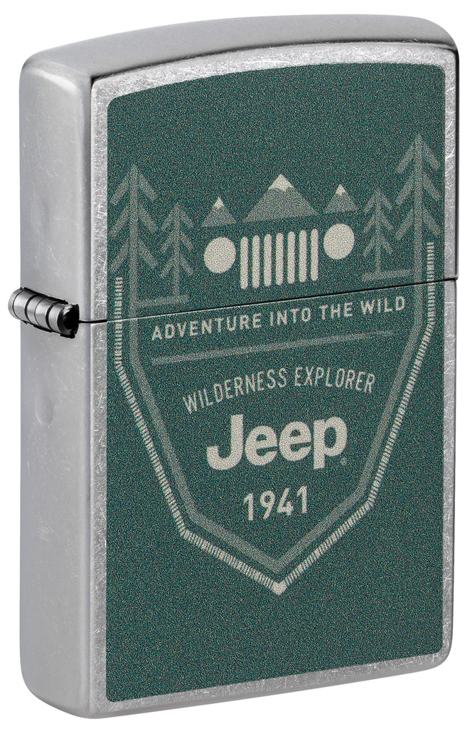Front shot of Zippo Jeep Street Chrome Windproof Lighter standing at a 3/4 angle.