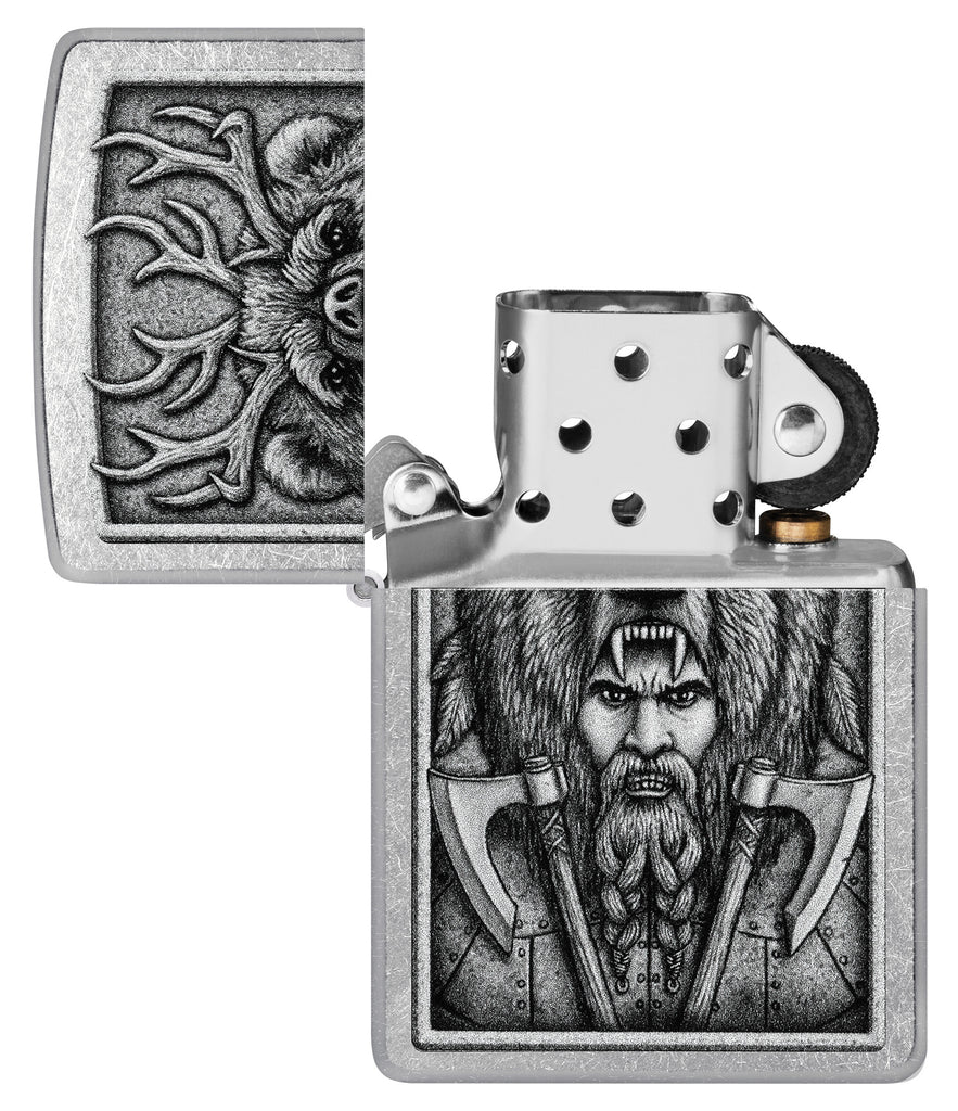 Zippo Barbarian Design Street Chrome Windproof Lighter with its lid open and unlit.
