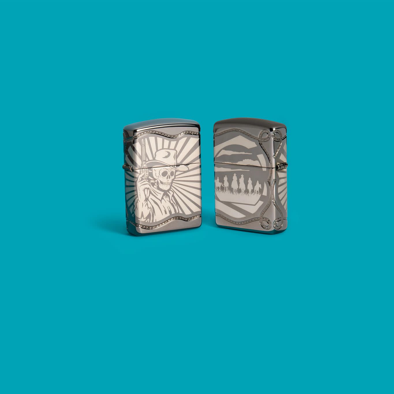 Lifestyle image of Zippo Skeleton Cowboy Design ArmorÂ® Black Ice Windproof Lighter on an aqua background.