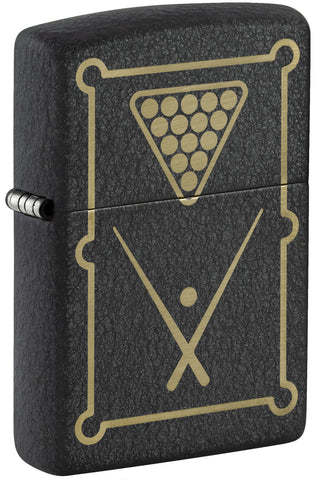 Front shot of Zippo Billiards Design Black Crackle Windproof Lighter standing at a 3/4 angle.